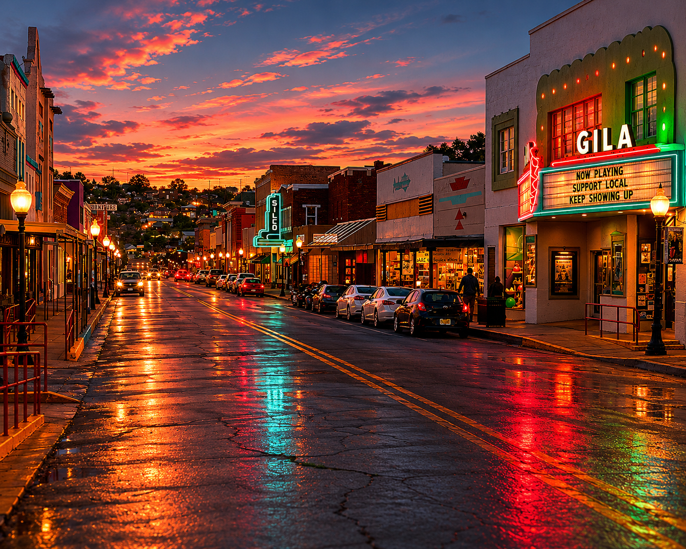 Historic downtown Silver City at golden hour